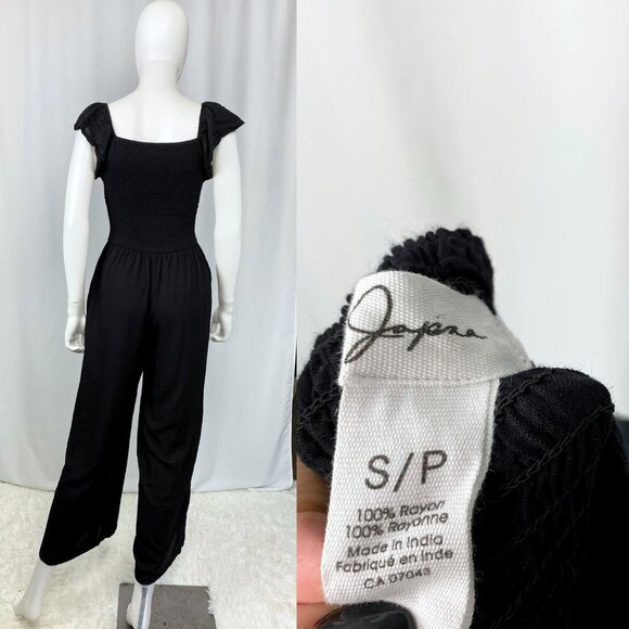 Japna black shirred wide-leg flutter sleeve pockets rayon goth jumpsuit small - Picture 3 of 3